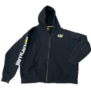 CAT Caterpillar Mens Full Zip Hoodie Sweatshirt 2XLT Tall Black Logo Heavyweight